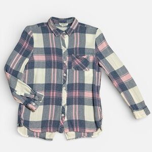Beach Lunch Lounge Pink & Blue Plaid Flannel Button Down